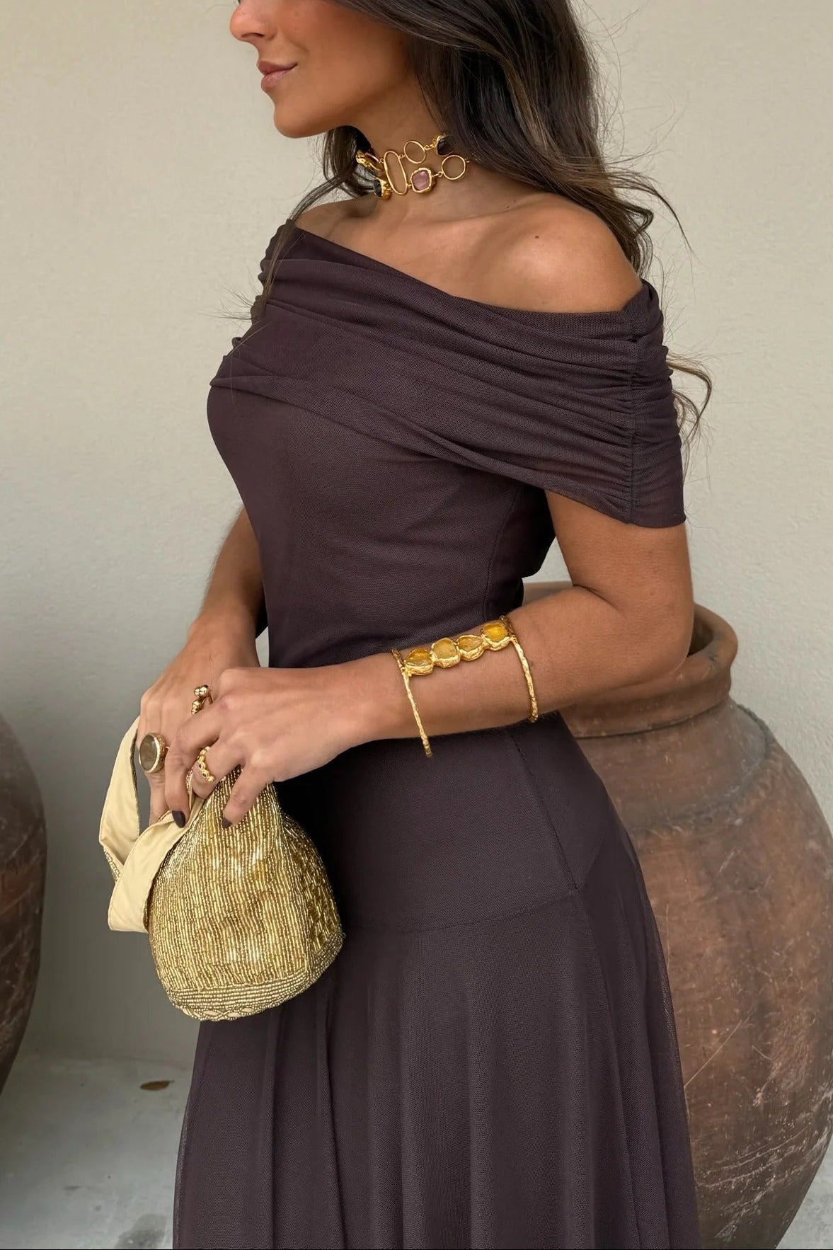 Damen One-Shoulder Maxikleid aus Mesh