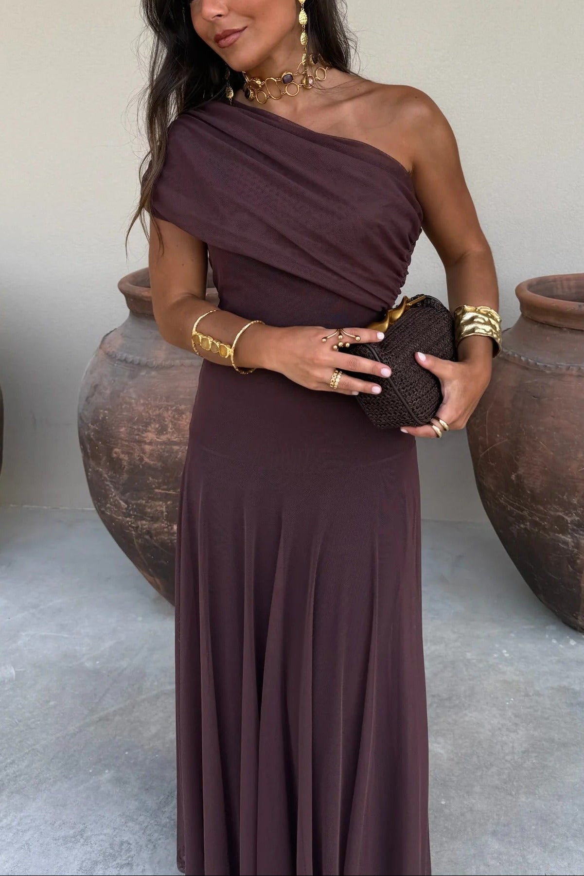 Damen One-Shoulder Maxikleid aus Mesh