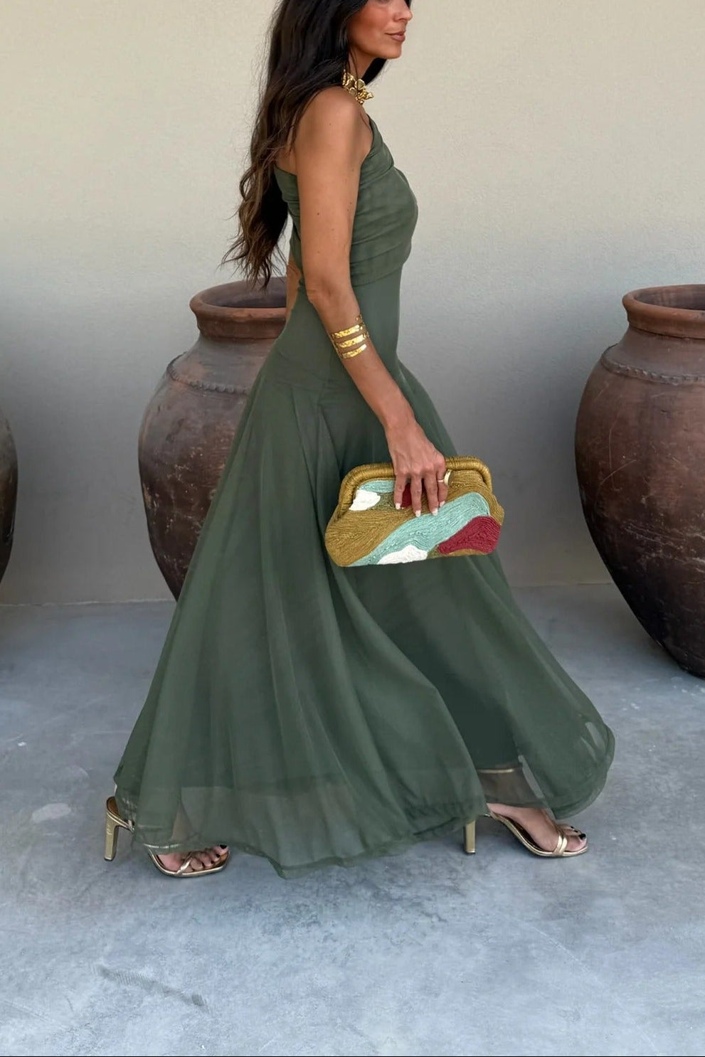 Damen One-Shoulder Maxikleid aus Mesh