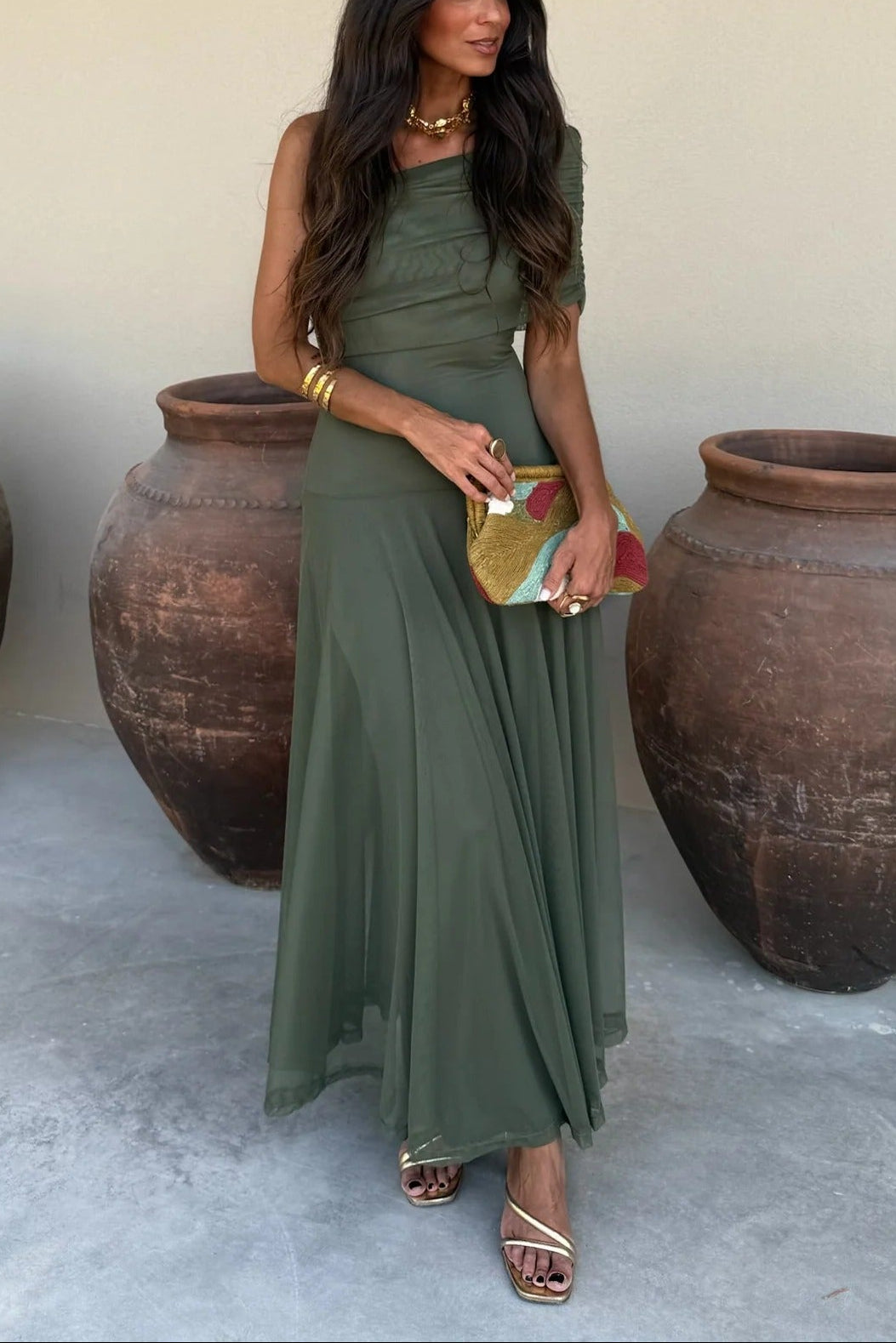 Damen One-Shoulder Maxikleid aus Mesh