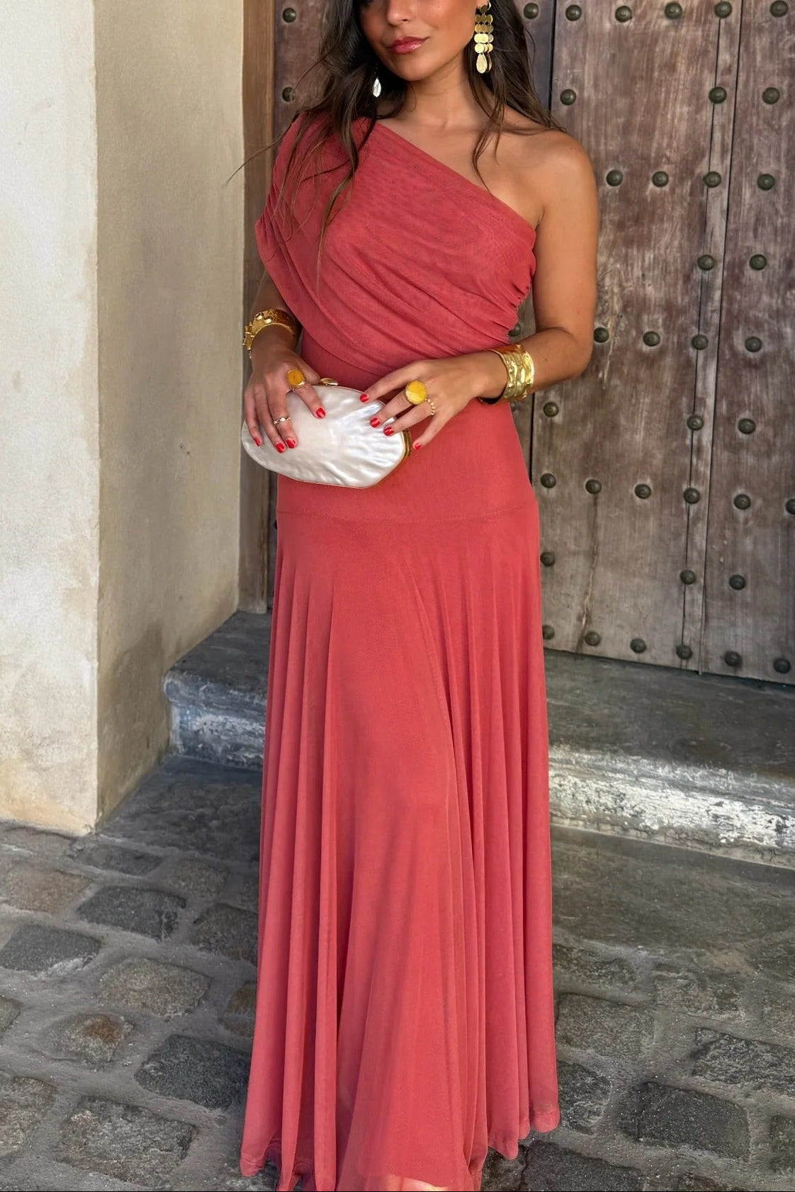 Damen One-Shoulder Maxikleid aus Mesh