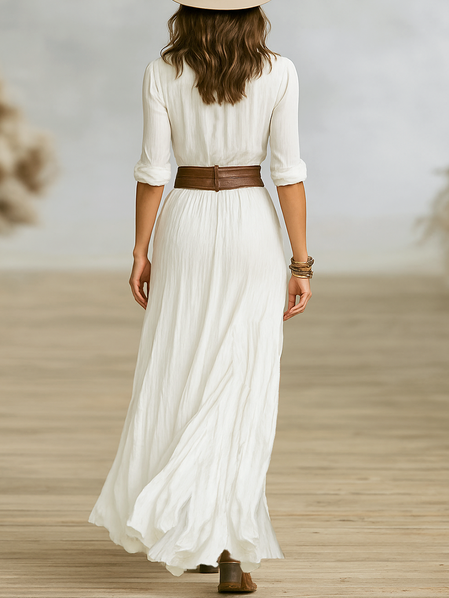 Damen Maxikleid Western Knopfleiste Taillenbetonung