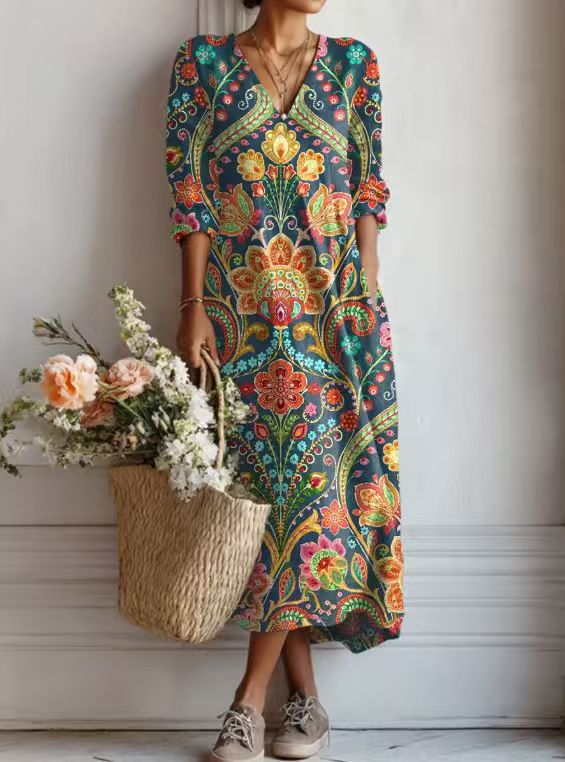 Damen Midikleid aus Leinen mit Taschen