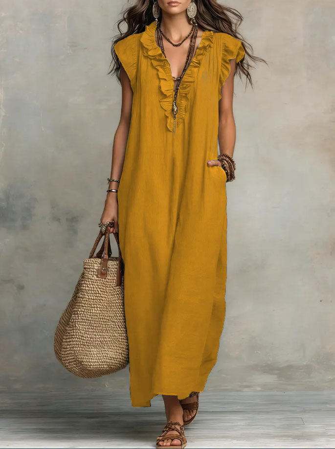 Damen Boho-Kleid aus Leinen-Baumwolle mit Volants