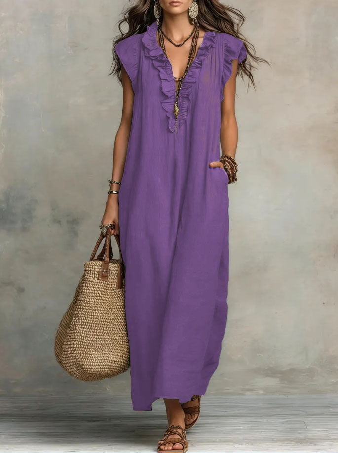 Damen Boho-Kleid aus Leinen-Baumwolle mit Volants