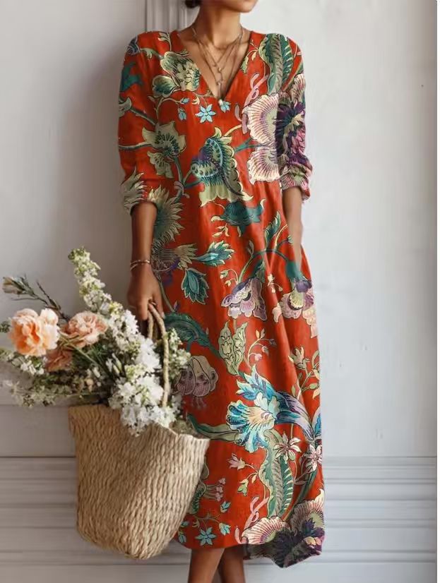 Damen Midikleid aus Leinen mit Taschen