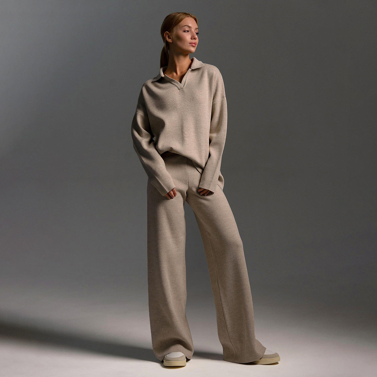 Damen Zweiteiler-Set mit Polo-Pullover und weitem Bein