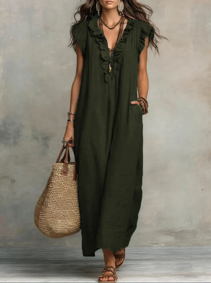 Damen Boho-Kleid aus Leinen-Baumwolle mit Volants