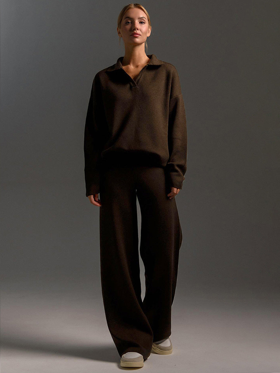 Damen Zweiteiler-Set mit Polo-Pullover und weitem Bein