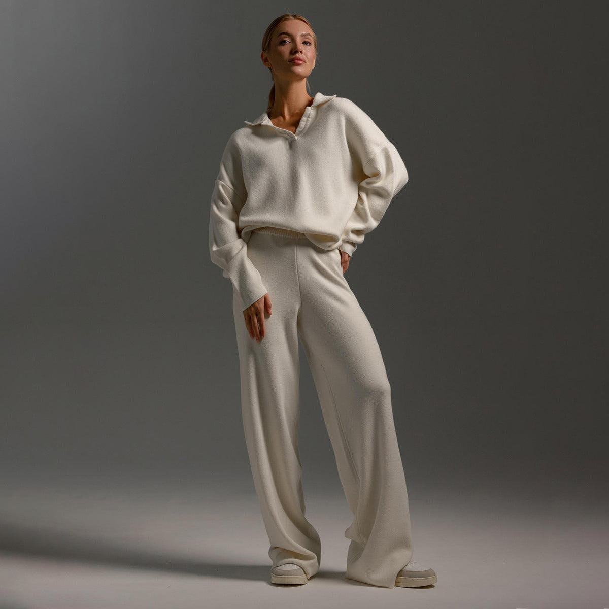 Damen Zweiteiler-Set mit Polo-Pullover und weitem Bein