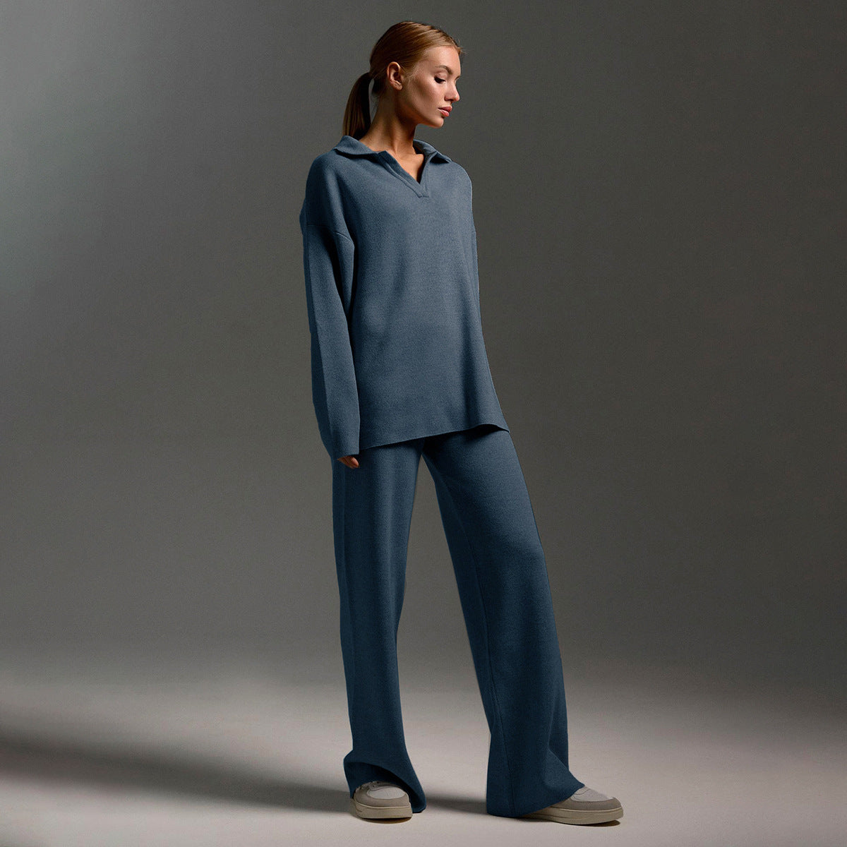 Damen Zweiteiler-Set mit Polo-Pullover und weitem Bein