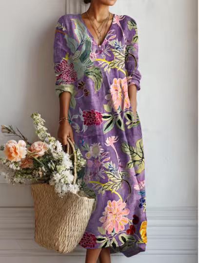 Damen Midikleid aus Leinen mit Taschen