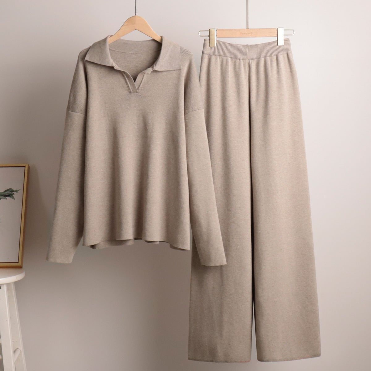 Damen Zweiteiler-Set mit Polo-Pullover und weitem Bein