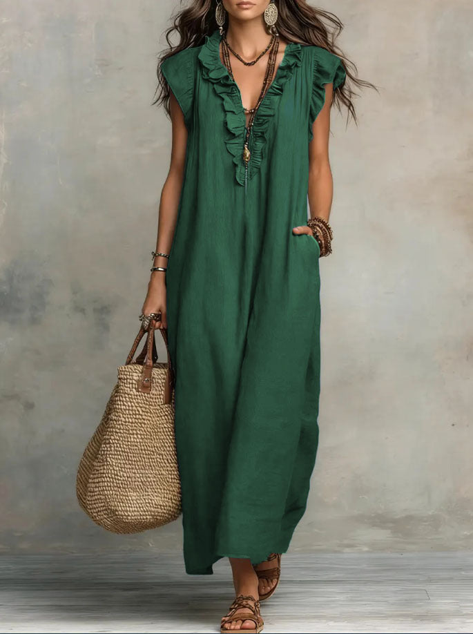 Damen Boho-Kleid aus Leinen-Baumwolle mit Volants