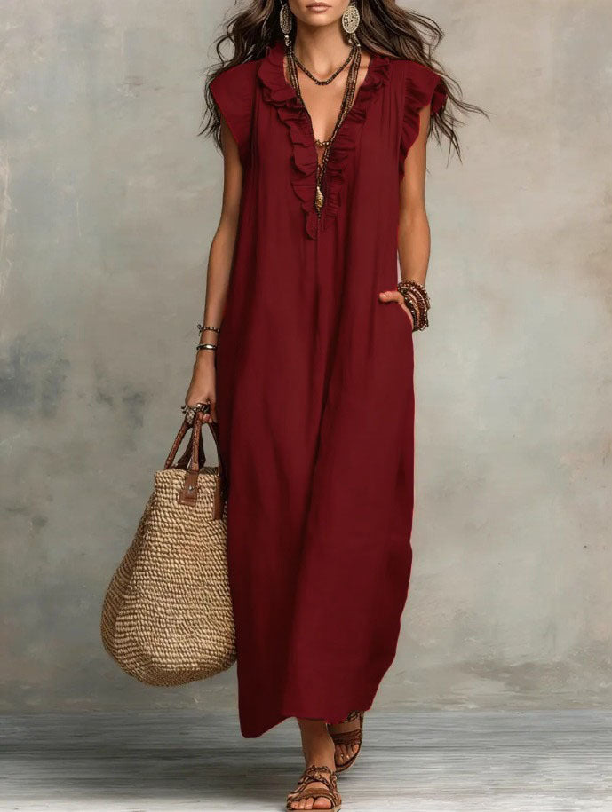 Damen Boho-Kleid aus Leinen-Baumwolle mit Volants