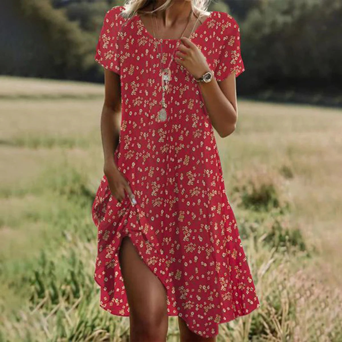 Damen Sommerkleid midi mit fließendem Schnitt