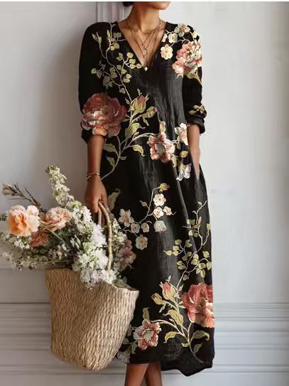 Damen Midikleid aus Leinen mit Taschen