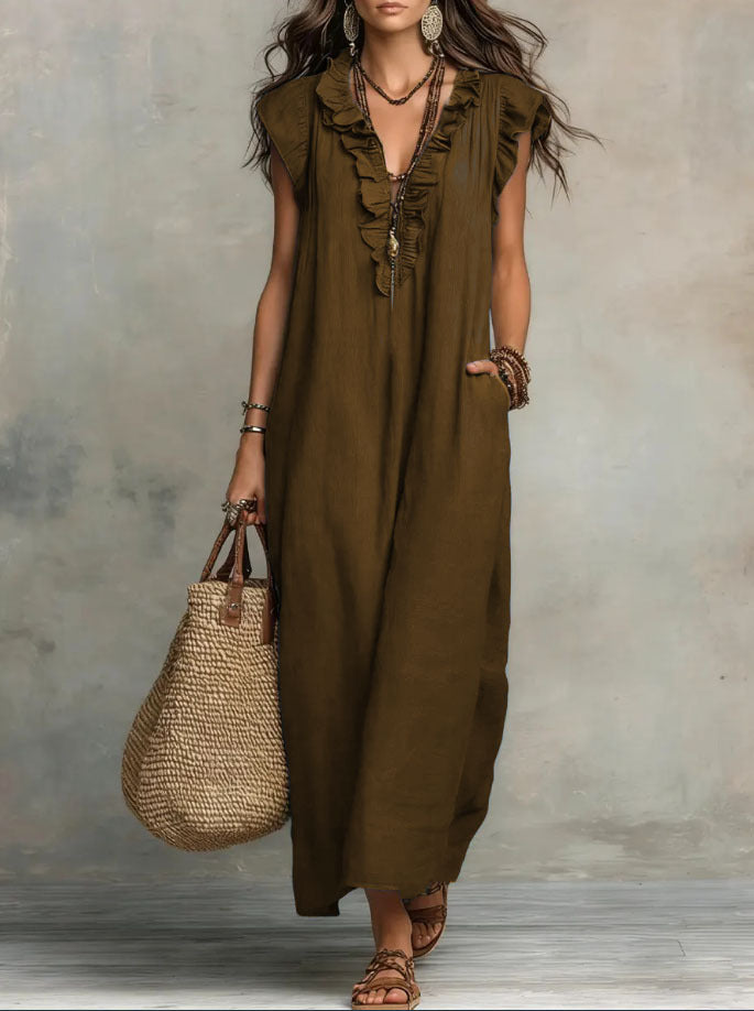 Damen Boho-Kleid aus Leinen-Baumwolle mit Volants