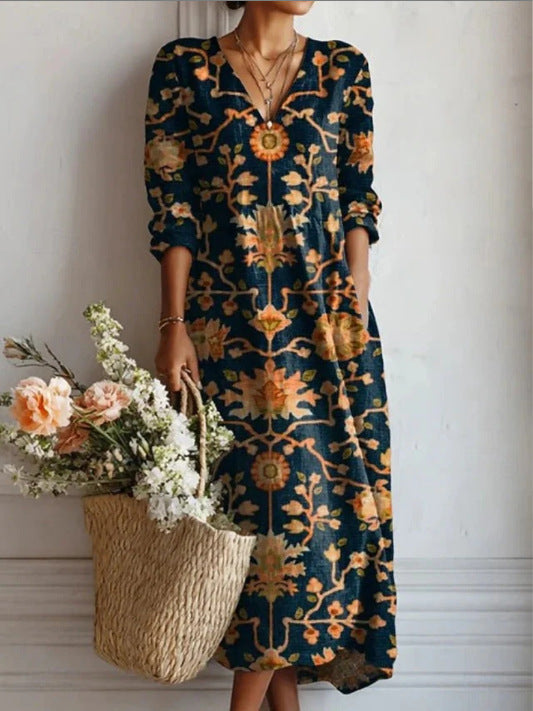 Damen Midikleid aus Leinen mit Taschen
