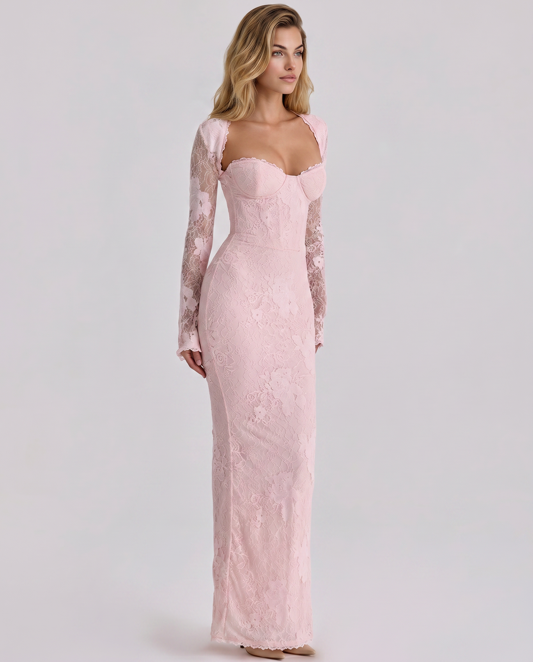 Damen Spitzen Langarm Maxikleid tailliert