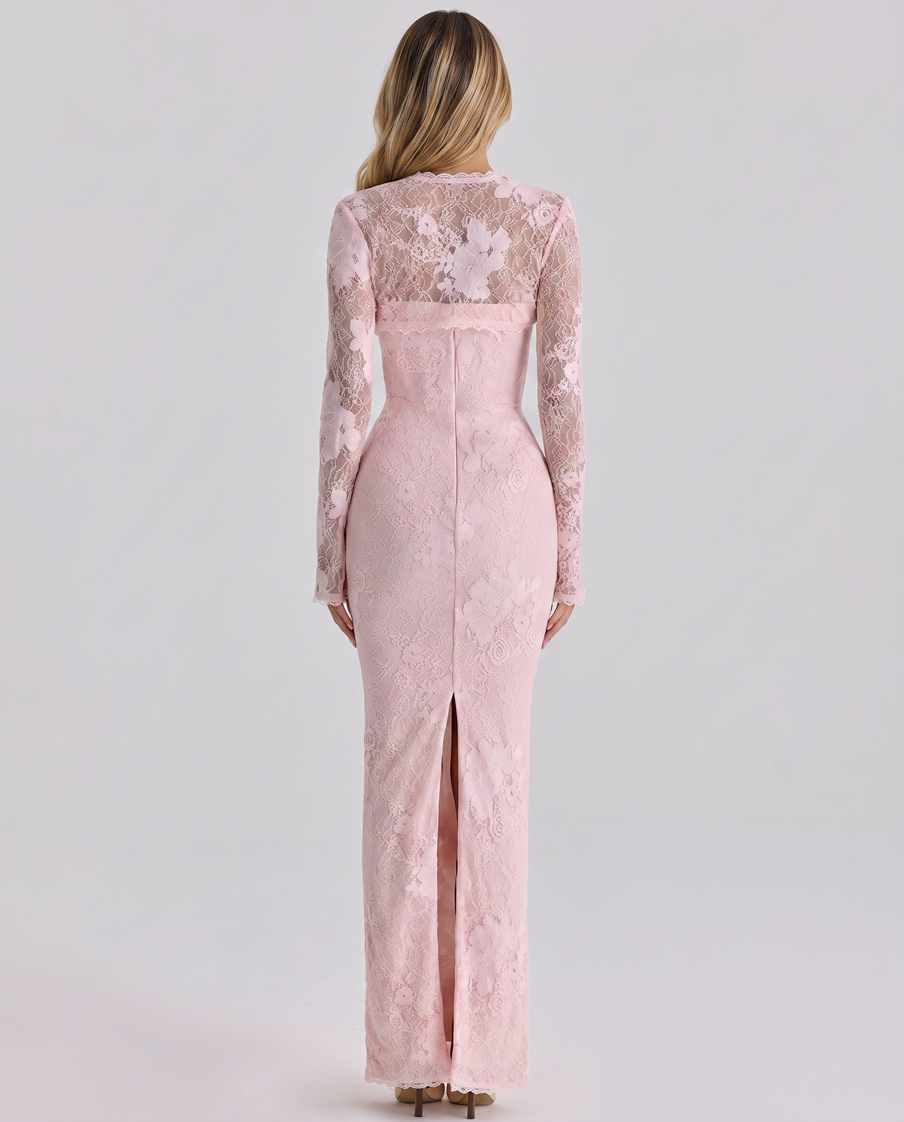 Damen Spitzen Langarm Maxikleid tailliert