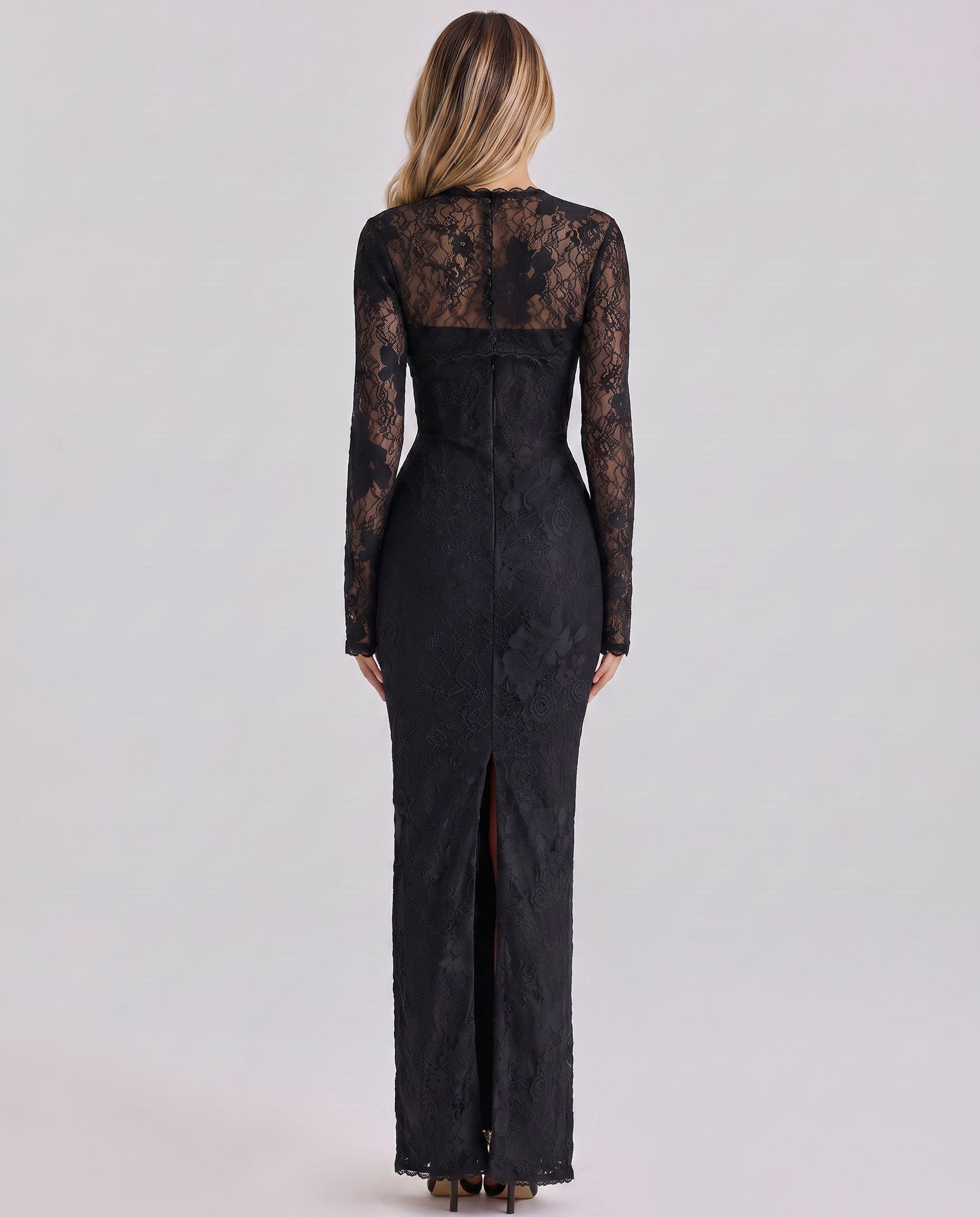 Damen Spitzen Langarm Maxikleid tailliert