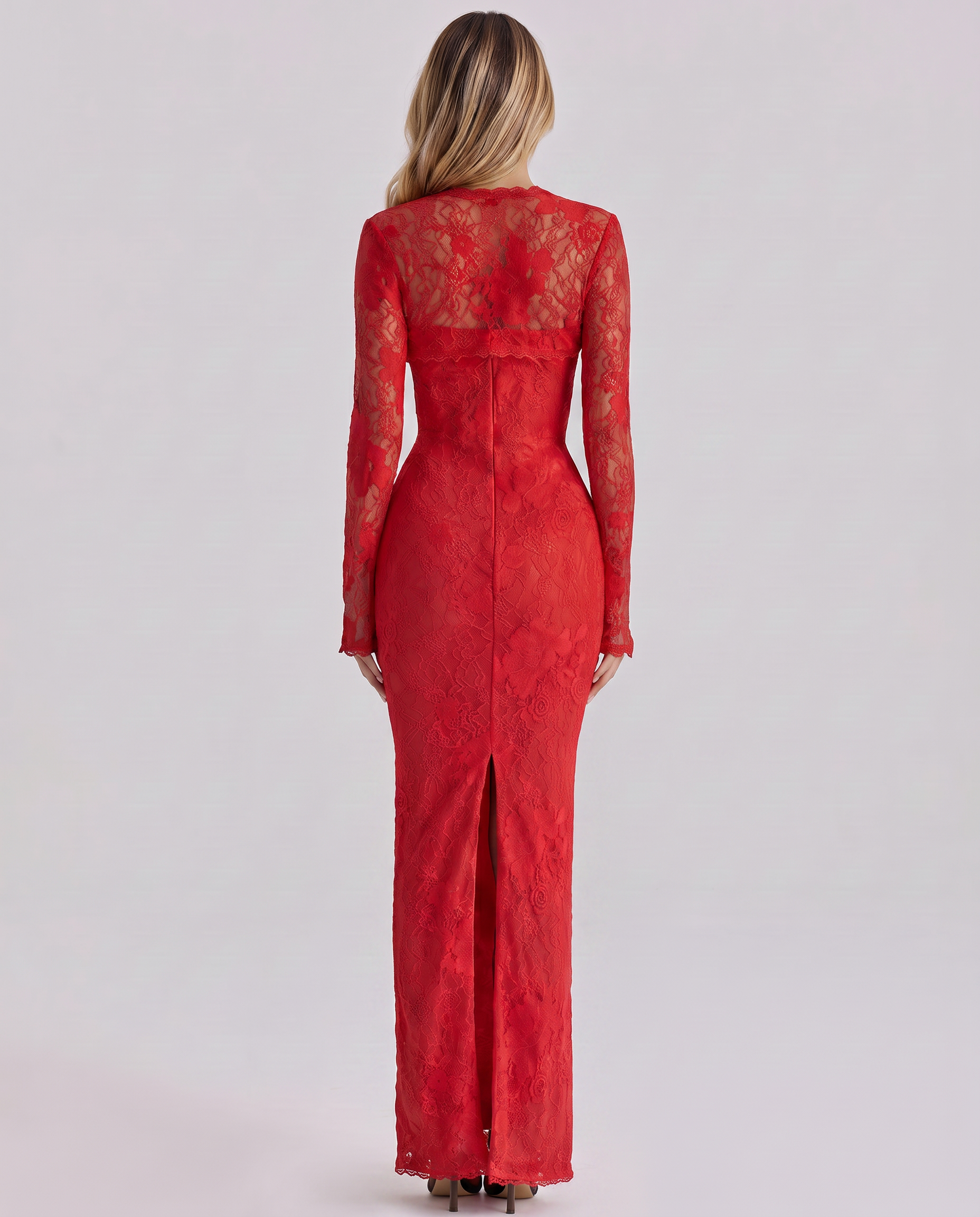 Damen Spitzen Langarm Maxikleid tailliert