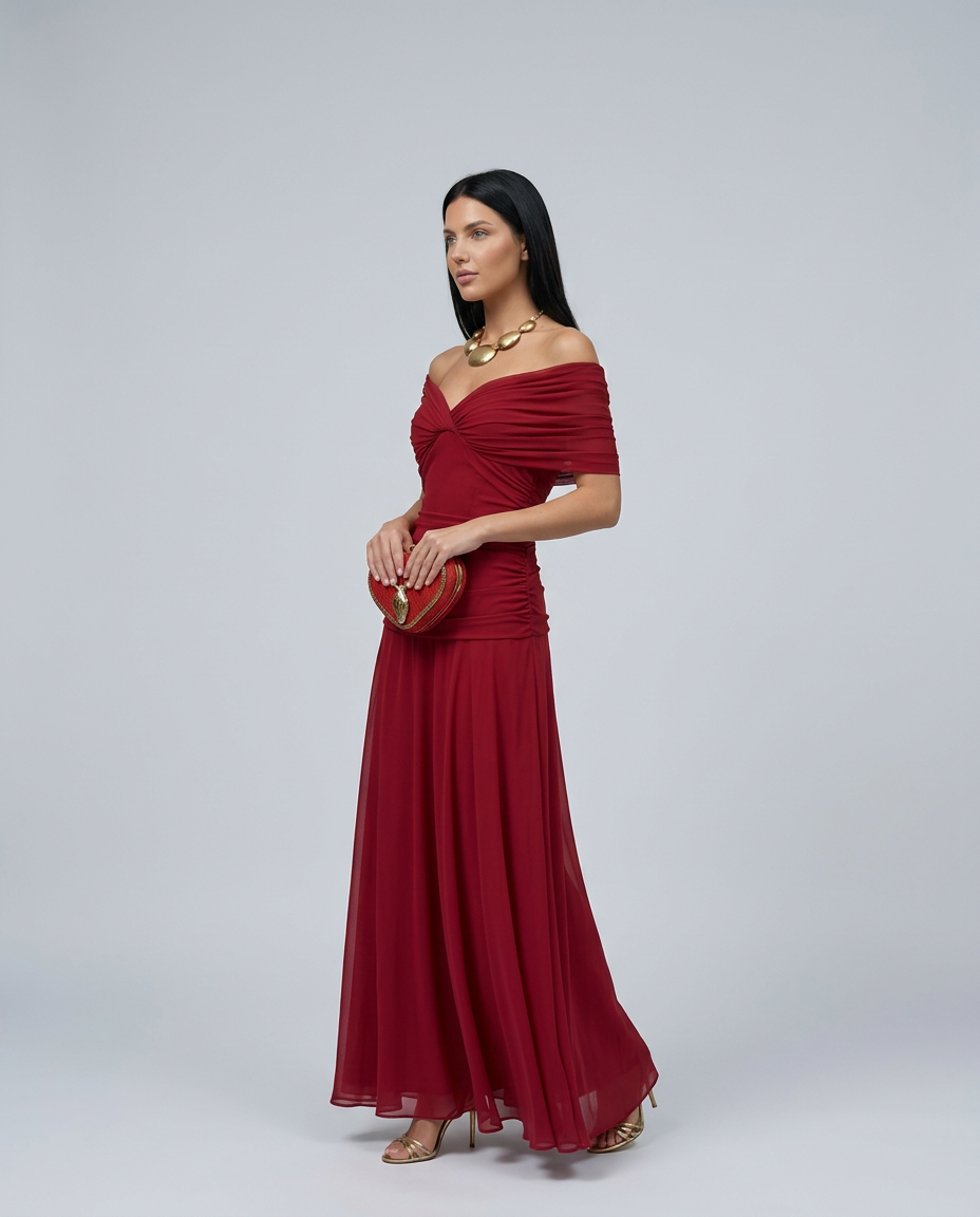 Damen Maxikleid mit Drapierung und V-Ausschnitt