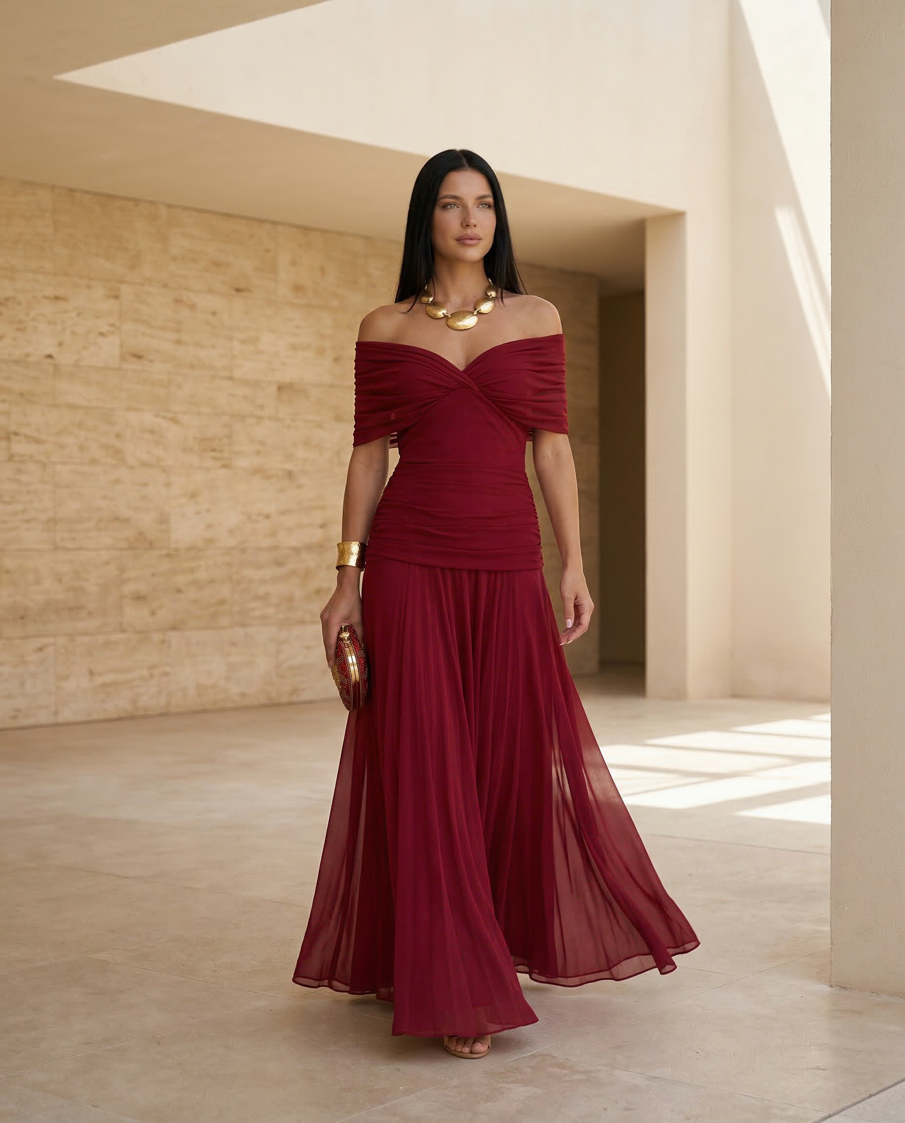 Damen Maxikleid mit Drapierung und V-Ausschnitt