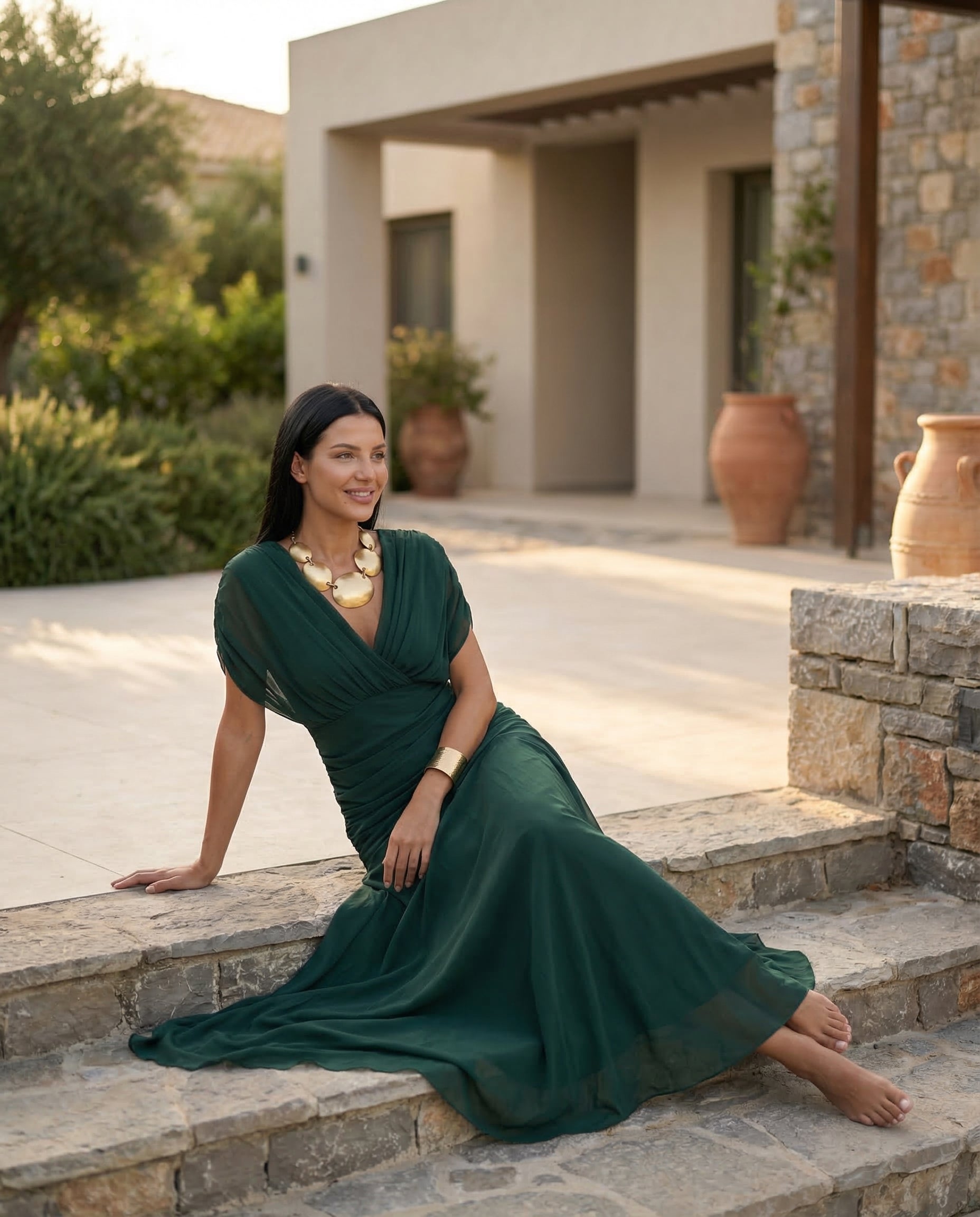 Damen Maxikleid mit Drapierung und V-Ausschnitt