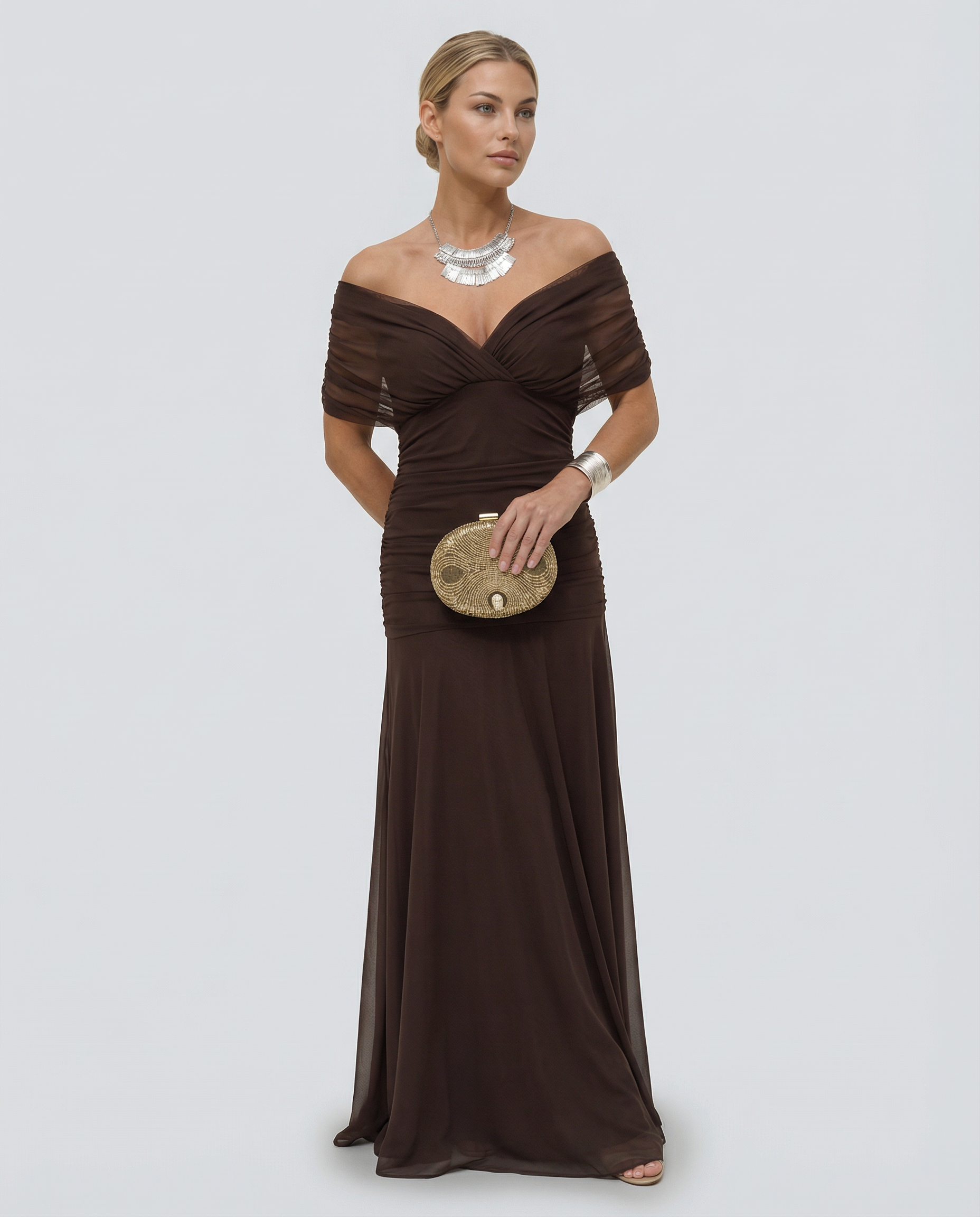 Damen Maxikleid mit Drapierung und V-Ausschnitt