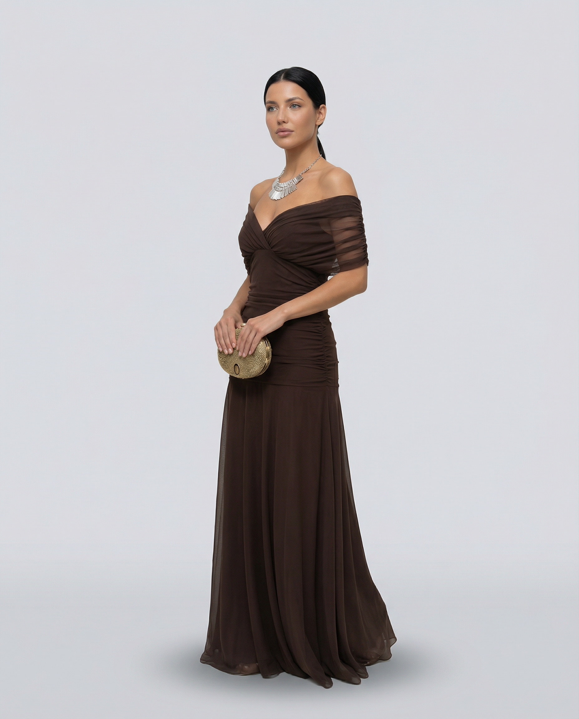 Damen Maxikleid mit Drapierung und V-Ausschnitt