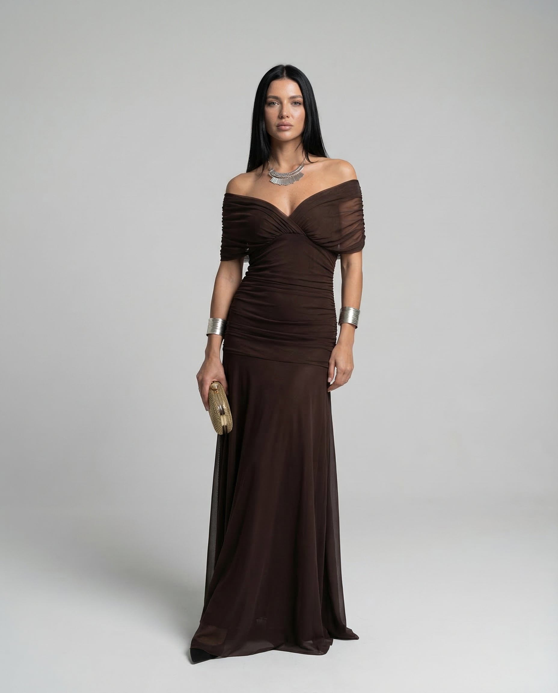 Damen Maxikleid mit Drapierung und V-Ausschnitt