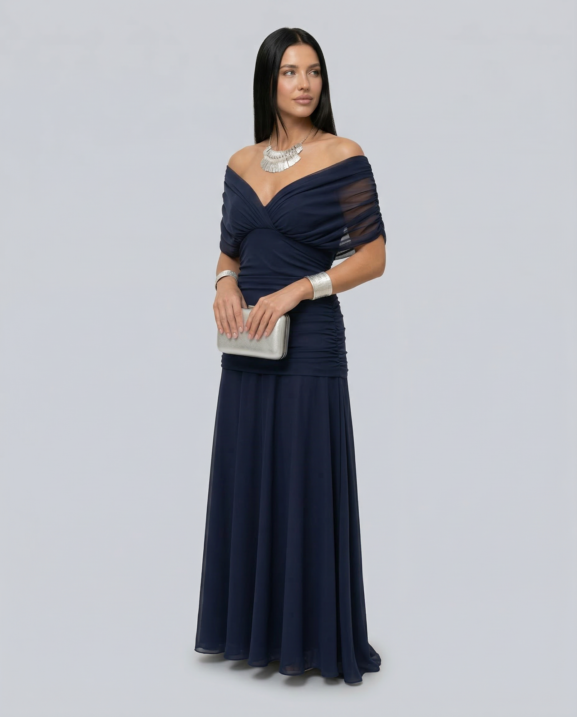 Damen Maxikleid mit Drapierung und V-Ausschnitt
