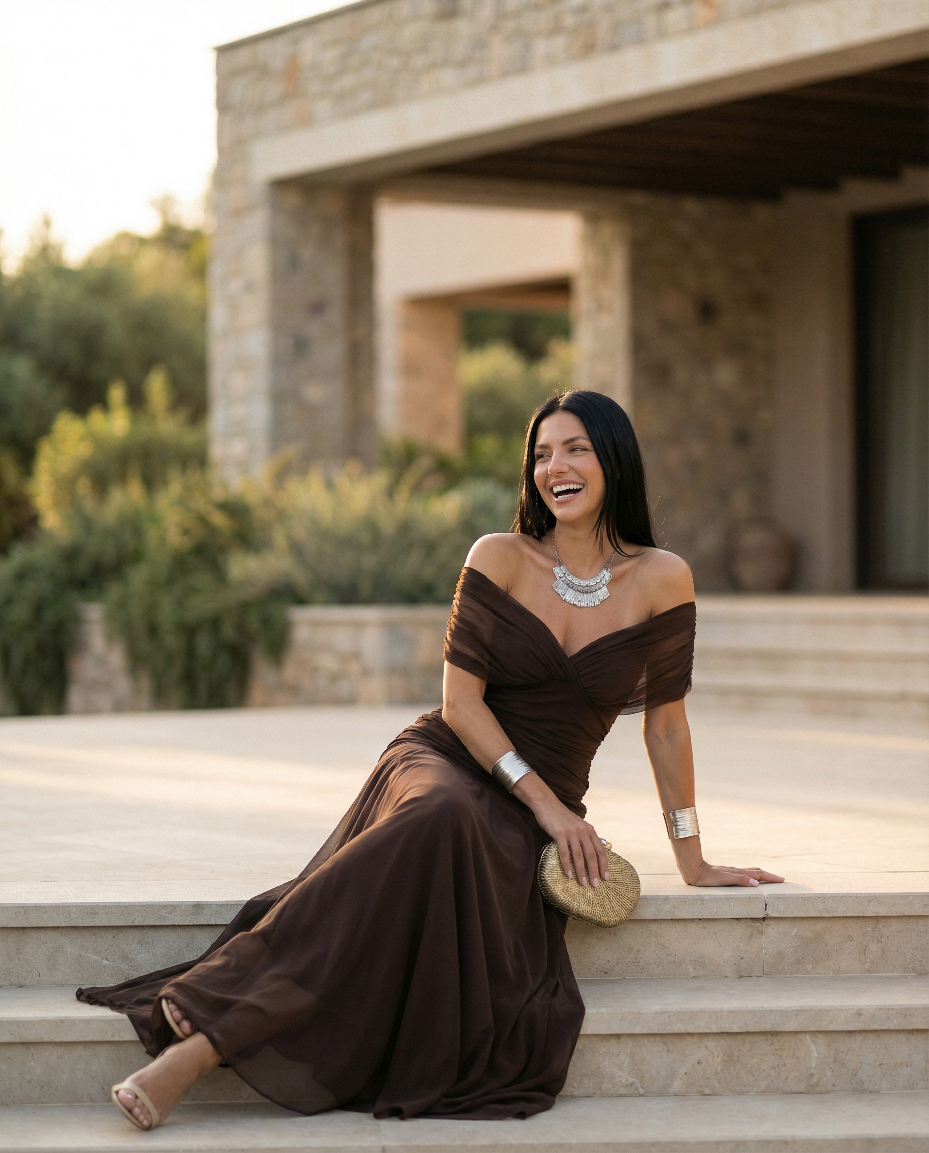 Damen Maxikleid mit Drapierung und V-Ausschnitt