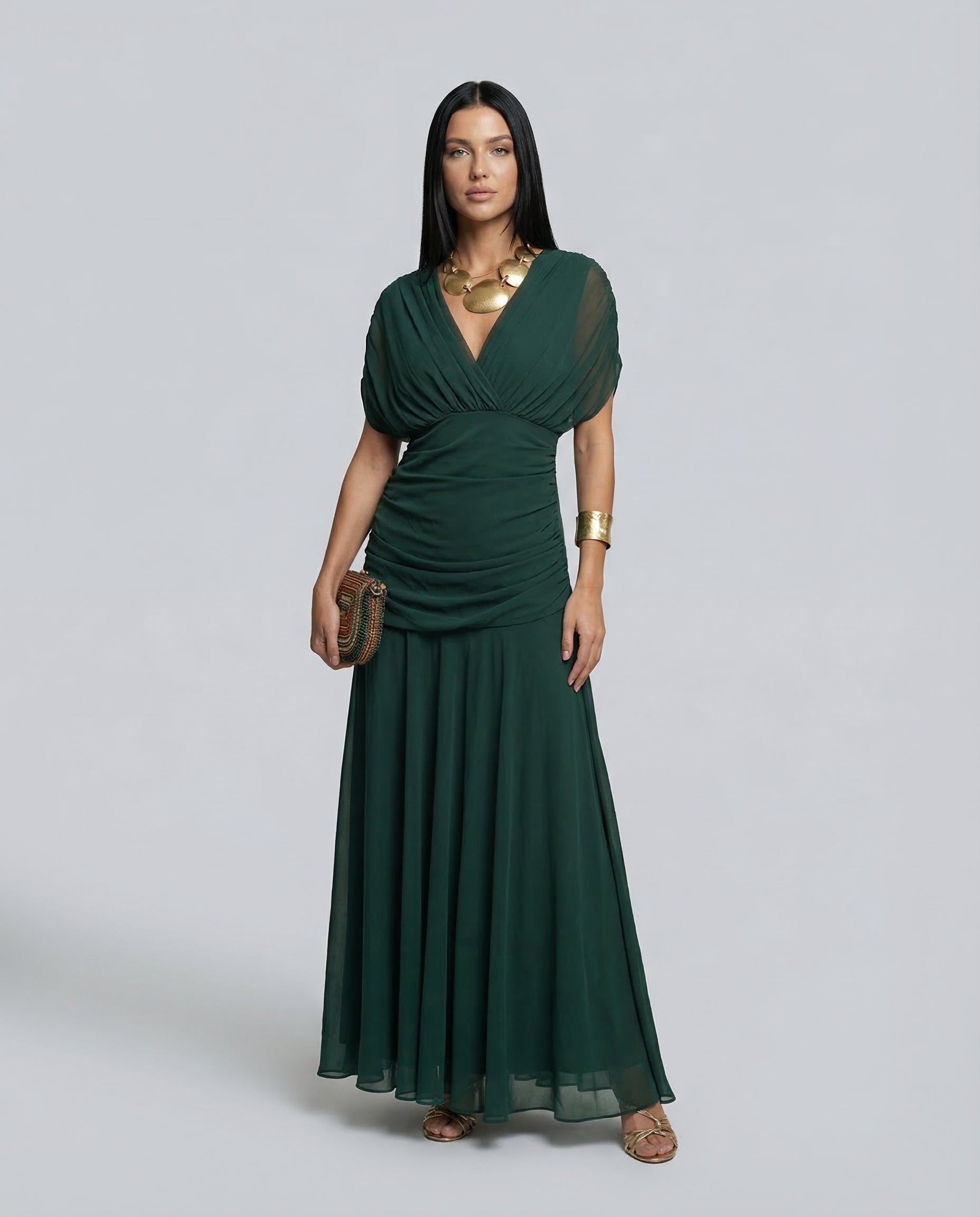 Damen Maxikleid mit Drapierung und V-Ausschnitt
