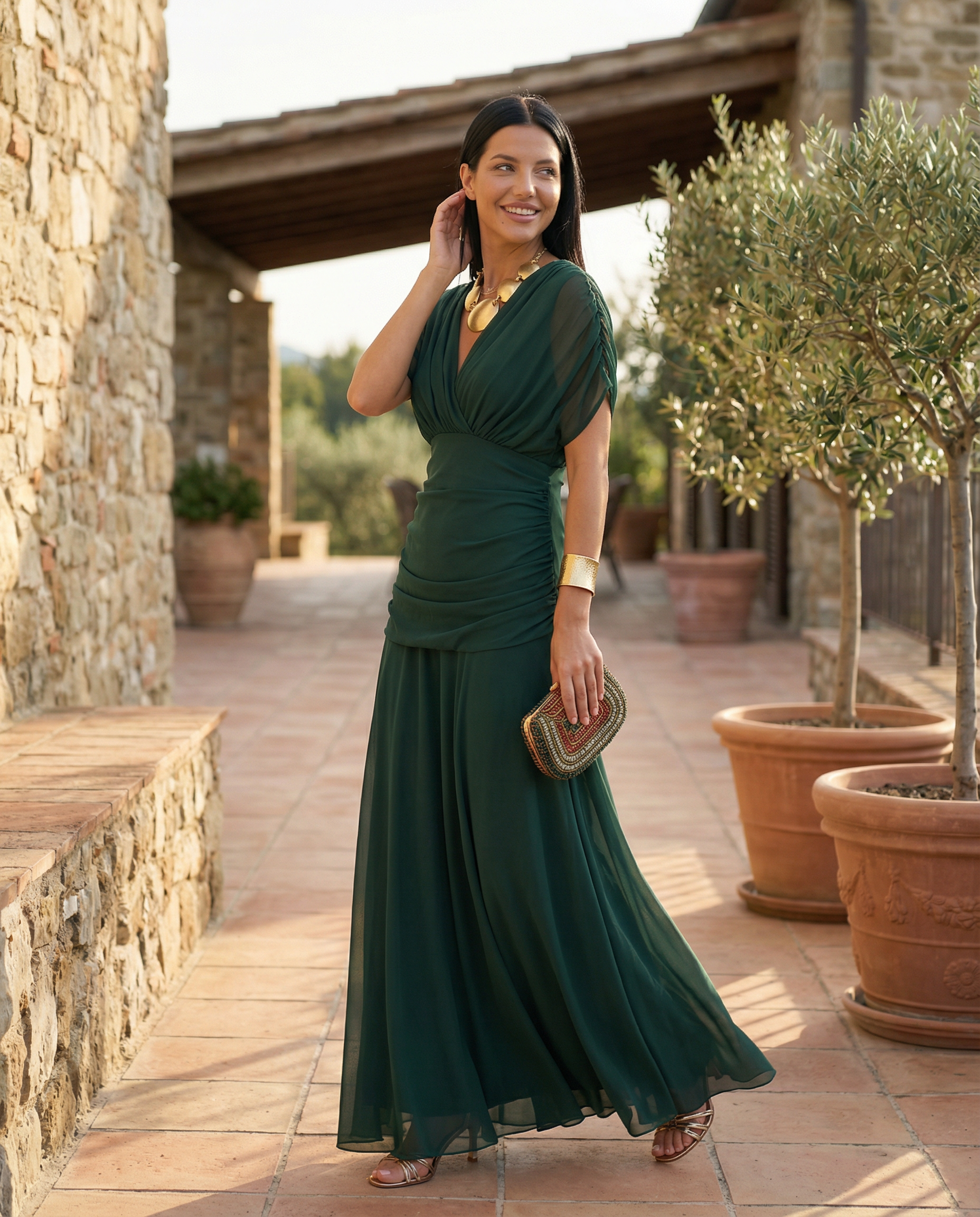 Damen Maxikleid mit Drapierung und V-Ausschnitt