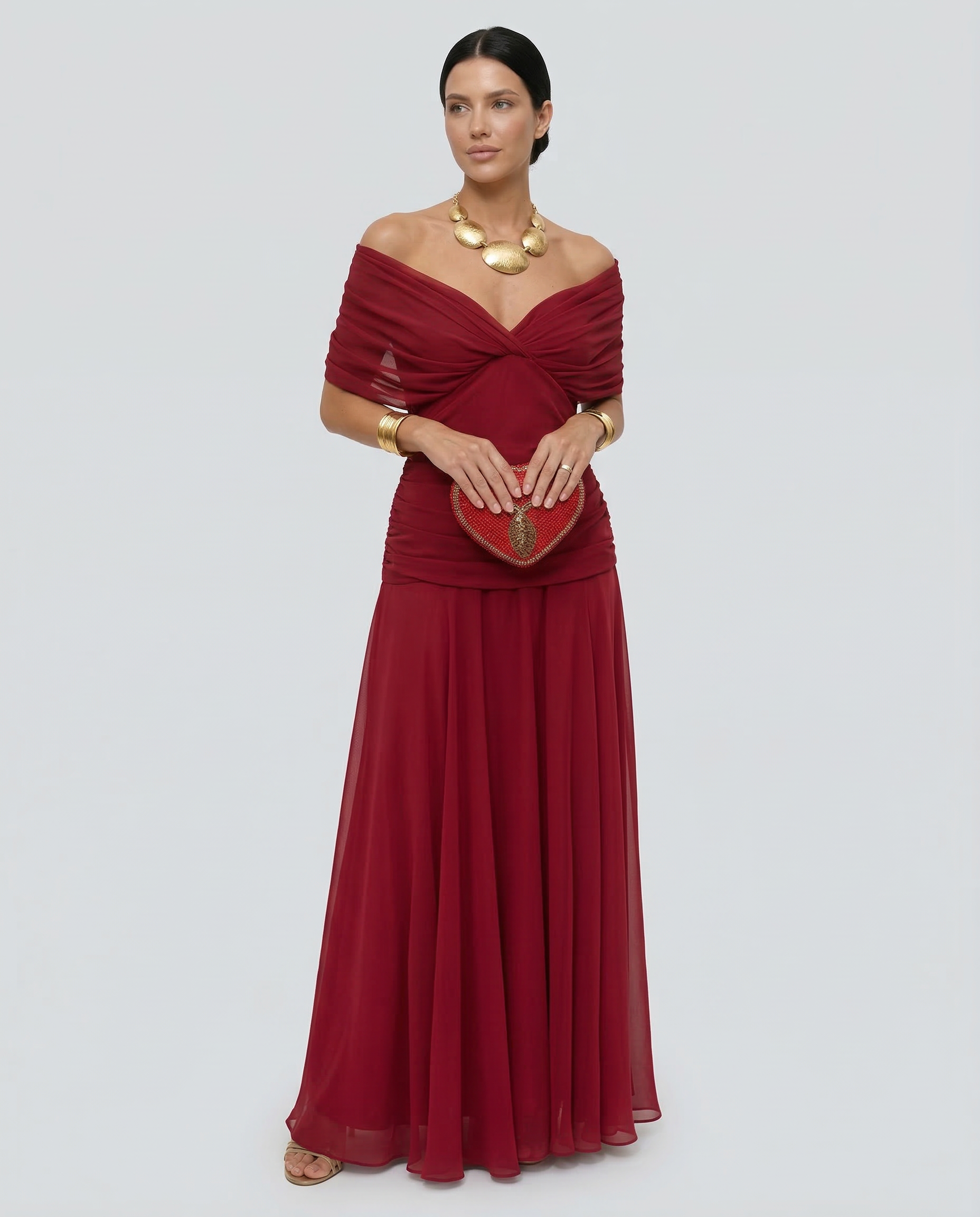 Damen Maxikleid mit Drapierung und V-Ausschnitt