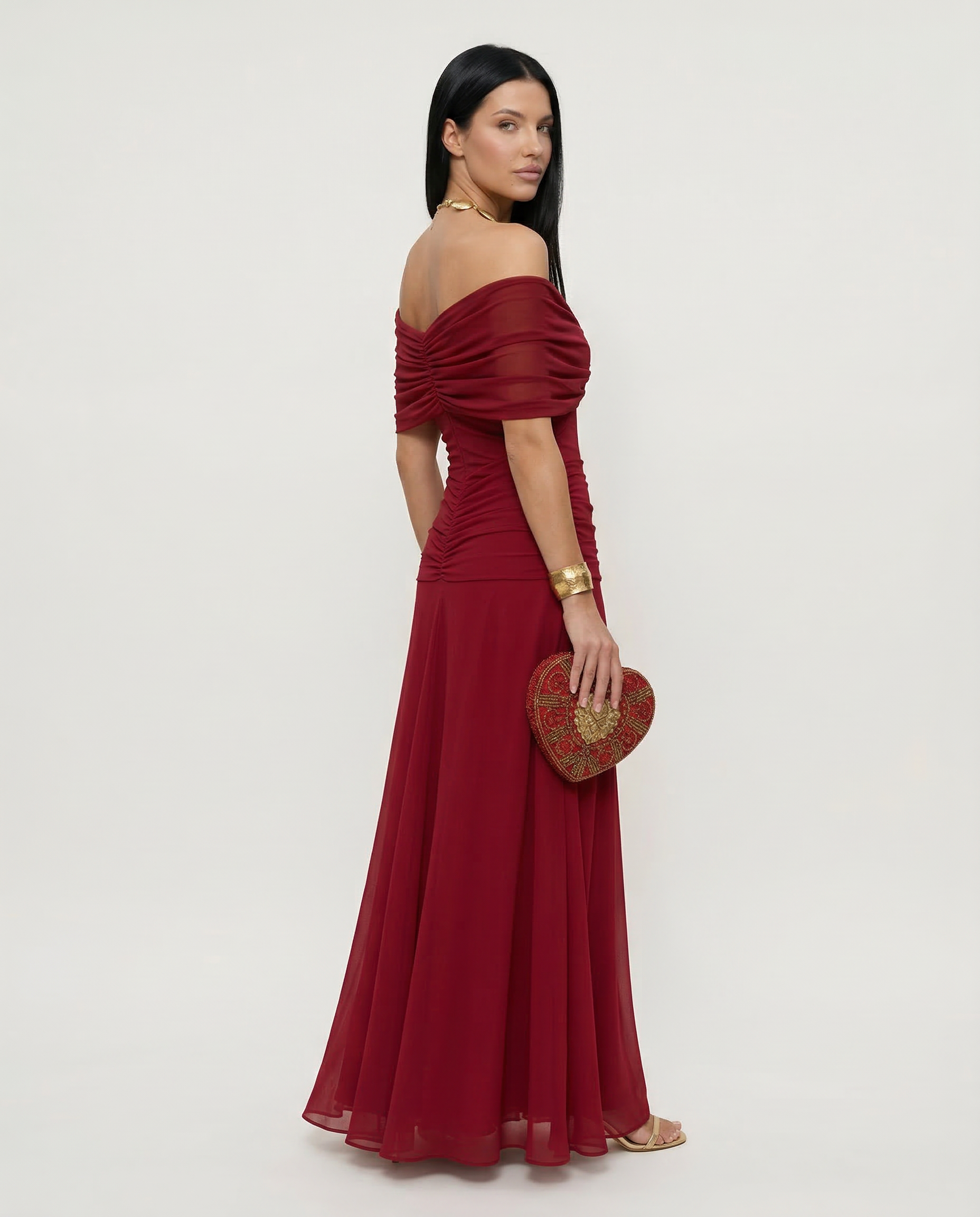 Damen Maxikleid mit Drapierung und V-Ausschnitt