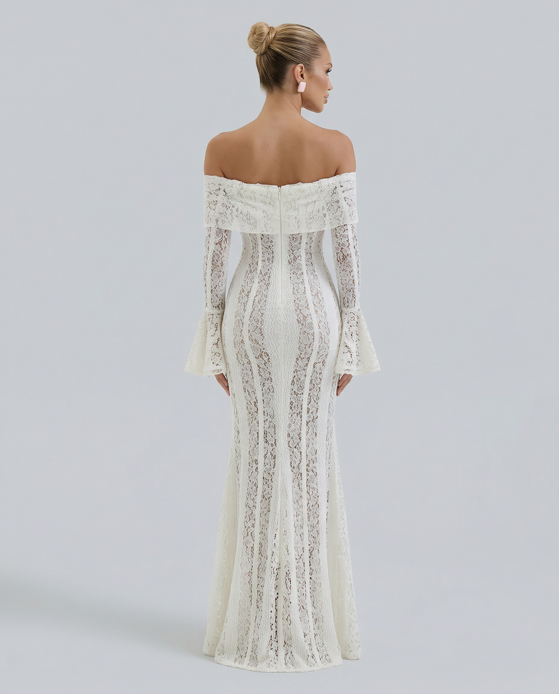 Damen Off-Shoulder Spitzen Maxikleid Weiß