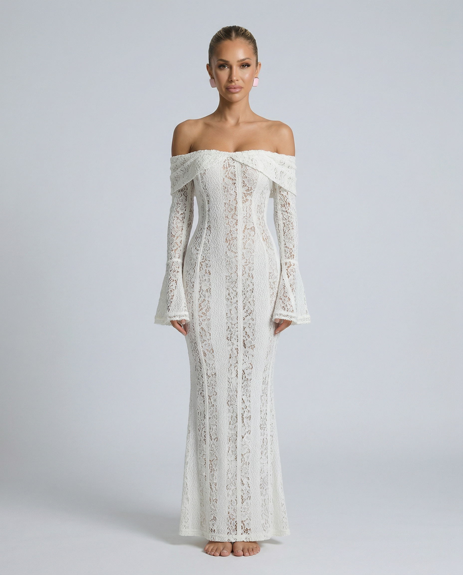 Damen Off-Shoulder Spitzen Maxikleid Weiß