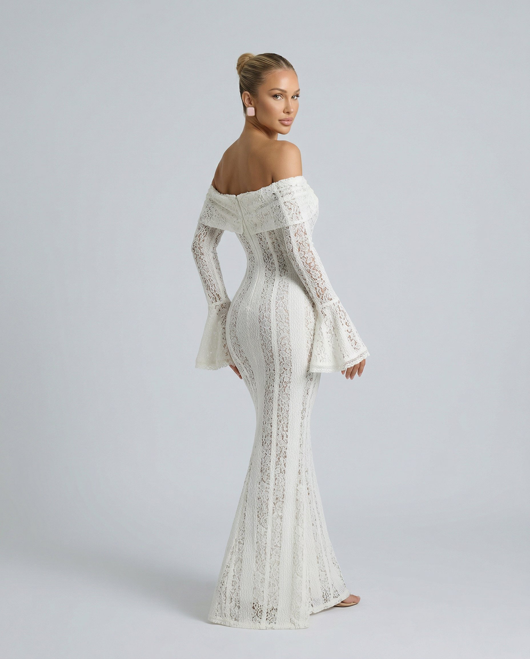 Damen Off-Shoulder Spitzen Maxikleid Weiß