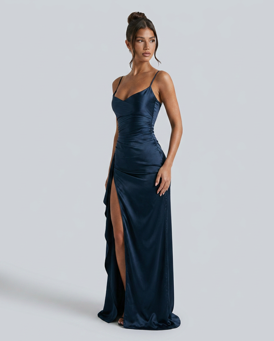 Damen Satin Cowlneck Maxikleid mit Schnürung