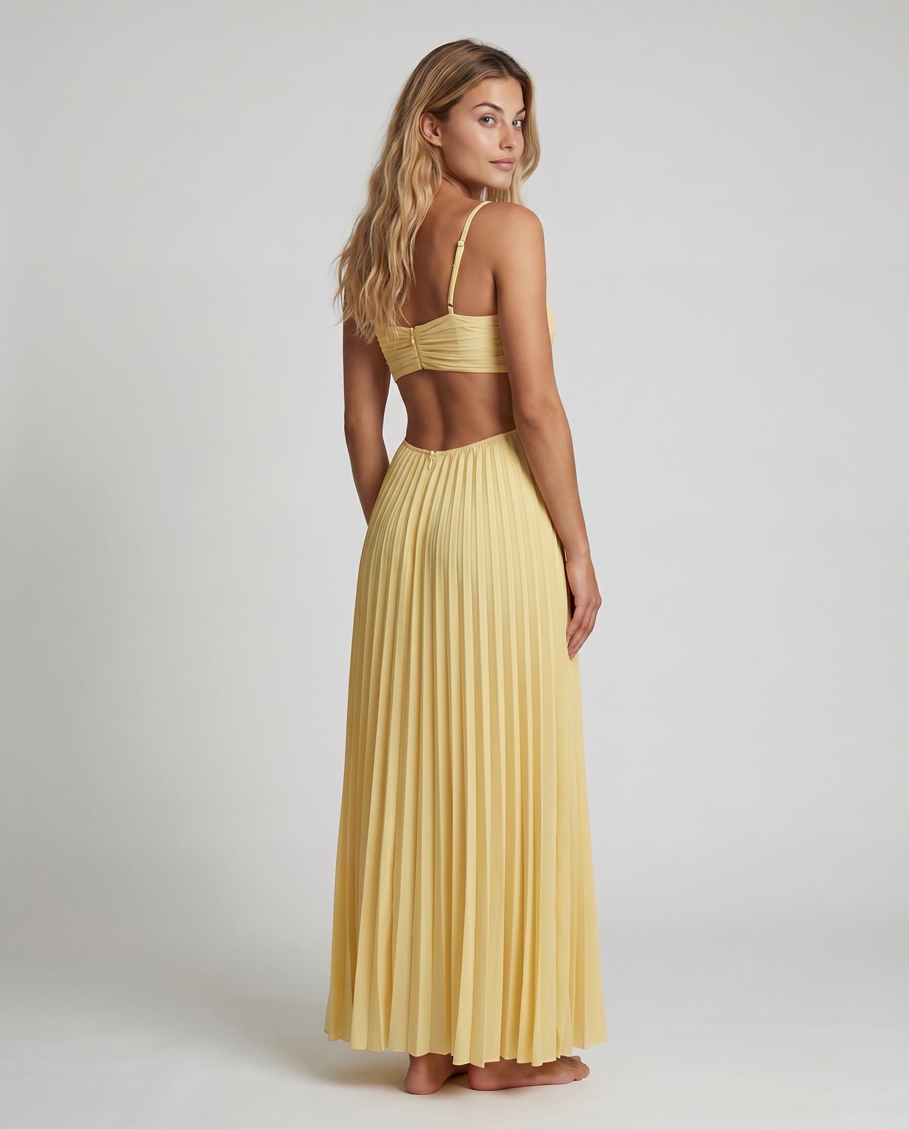 Damen Plissee Maxikleid Cut-Out Ärmellos Halterneck