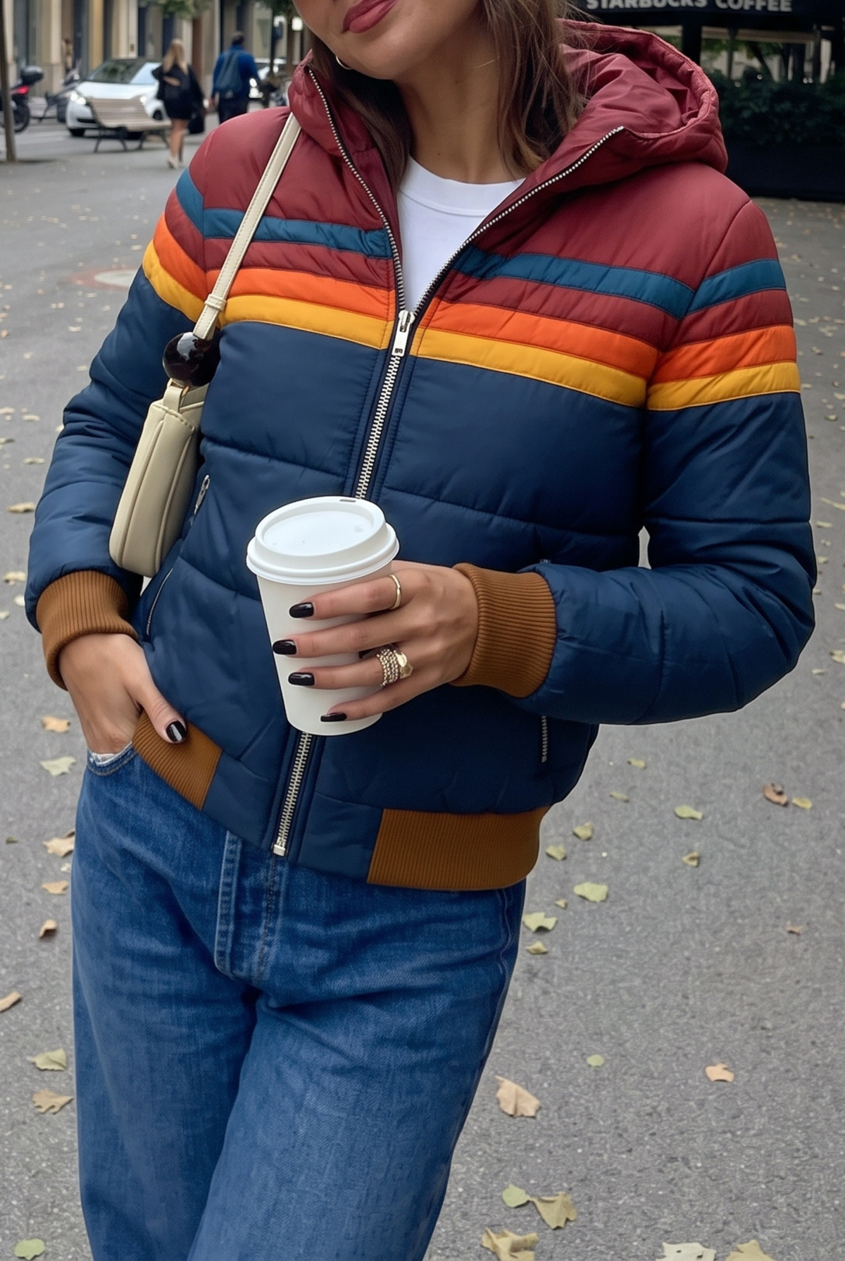 Damen kurze Steppjacke mit Kapuze und Streifenmuster