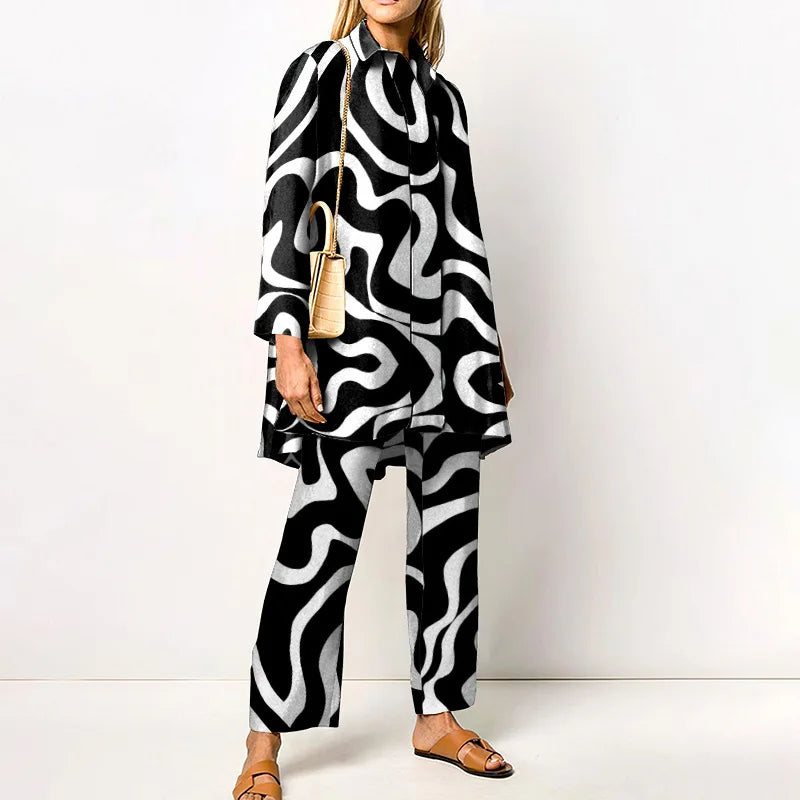 Damen Zweiteiler-Set mit Bluse und Vintage-Print