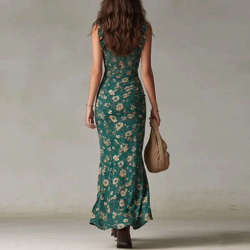 Damen Maxikleid Blumenprint V-Ausschnitt Schlitz Kleid