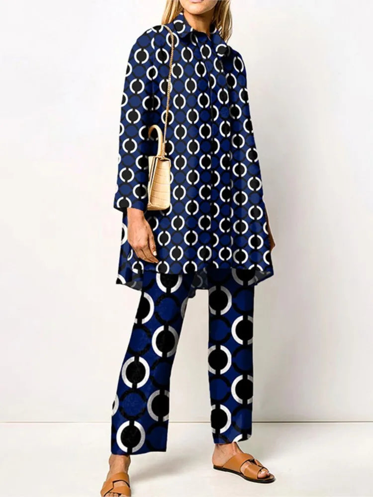 Damen Zweiteiler-Set mit Bluse und Vintage-Print