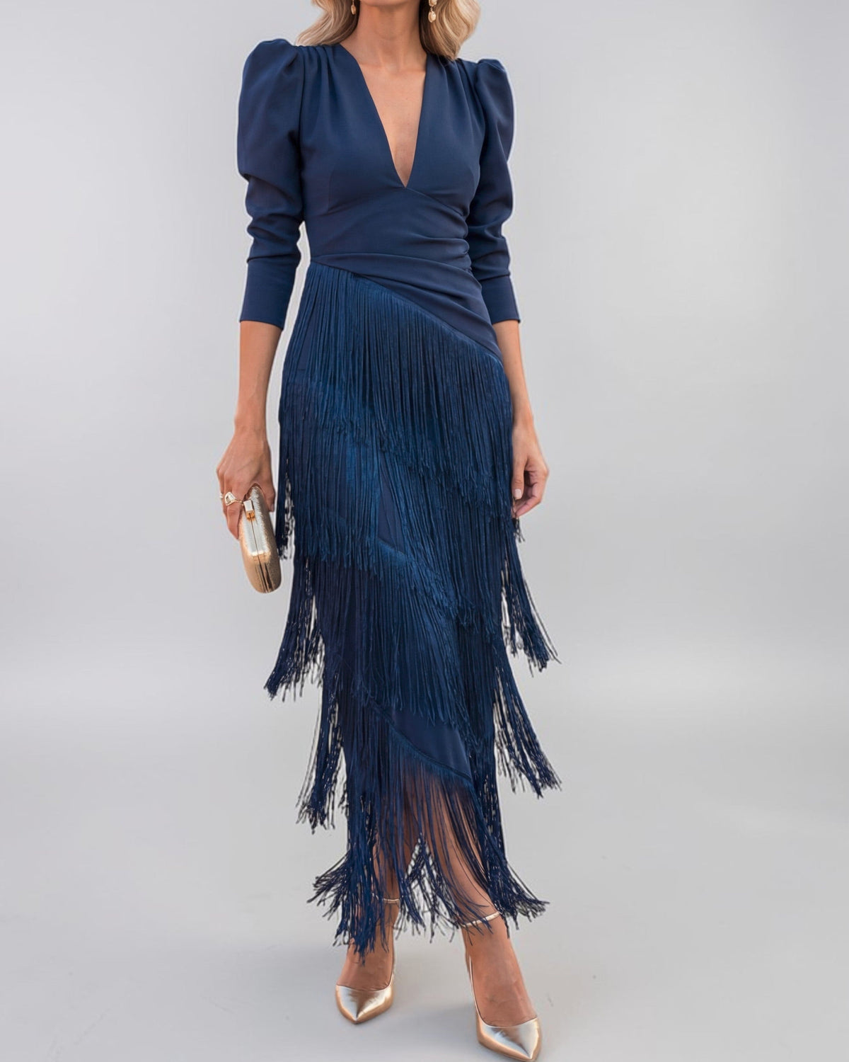Damen Fransenkleid mit V-Ausschnitt und Drapierung