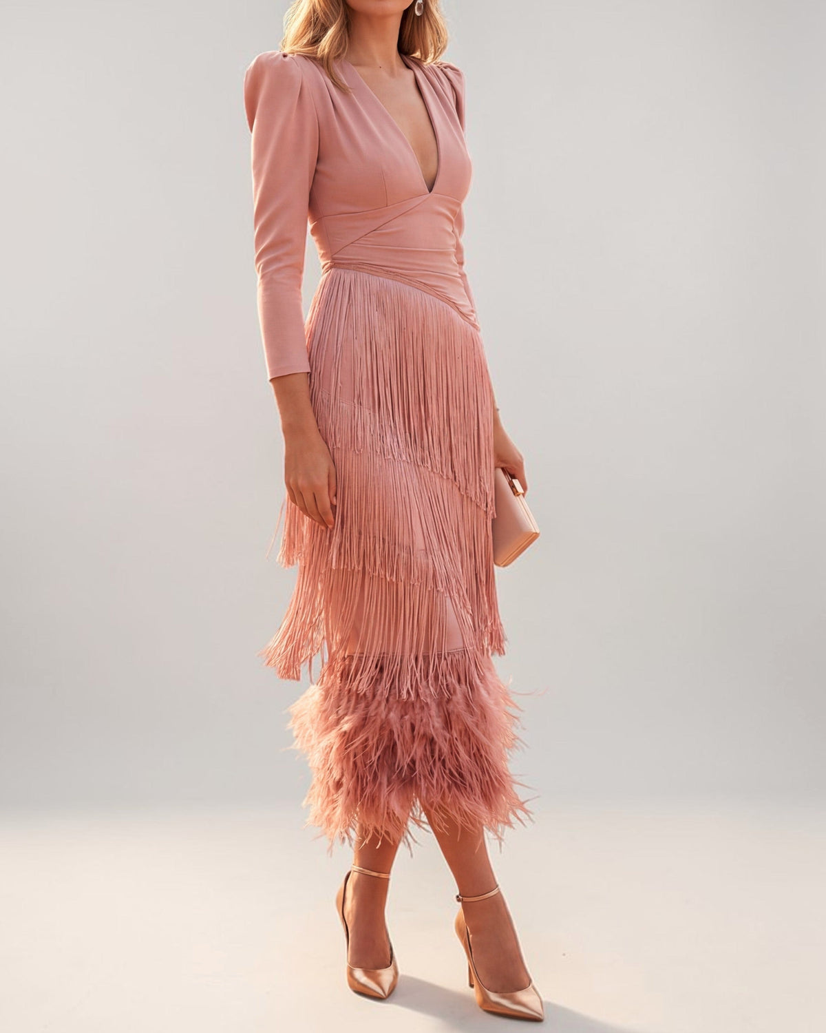 Damen Fransenkleid mit V-Ausschnitt und Drapierung
